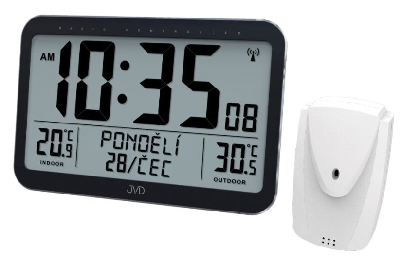 Rádiem řízené digitální hodiny JVD RB9385 s měřením vnitřní i venkovní teploty