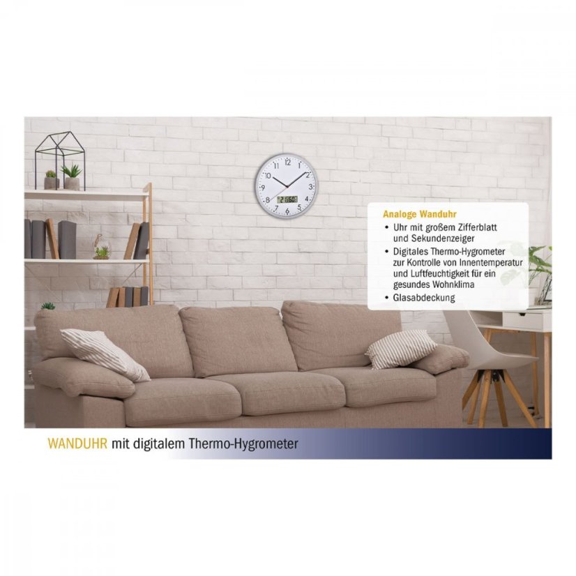 Nástěnné hodiny s digitálním teploměrem a vlhkoměrem TFA 60.3048.02