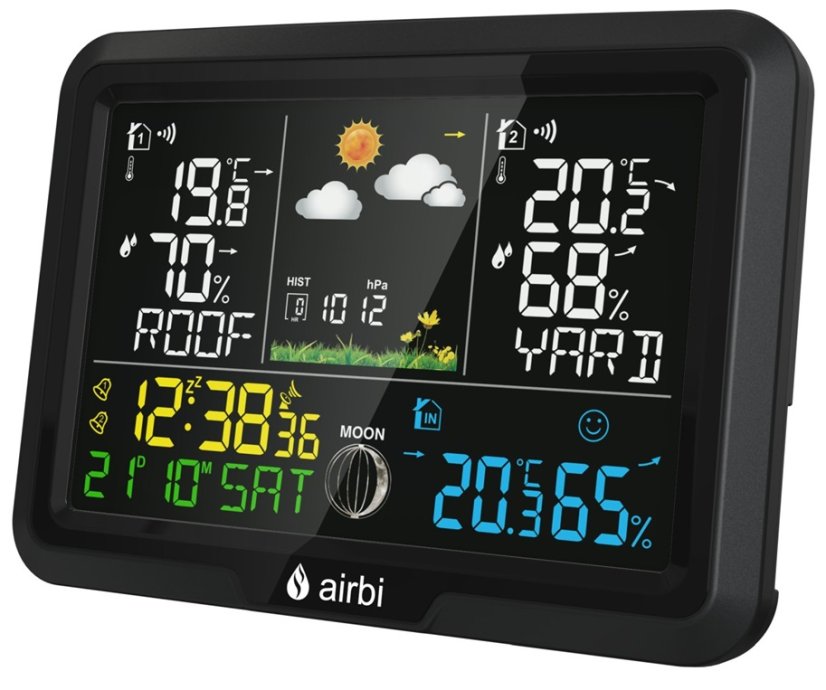 Domácí meteostanice se 2 bezdrátovými čidly a barevným displejem Airbi DUO Color