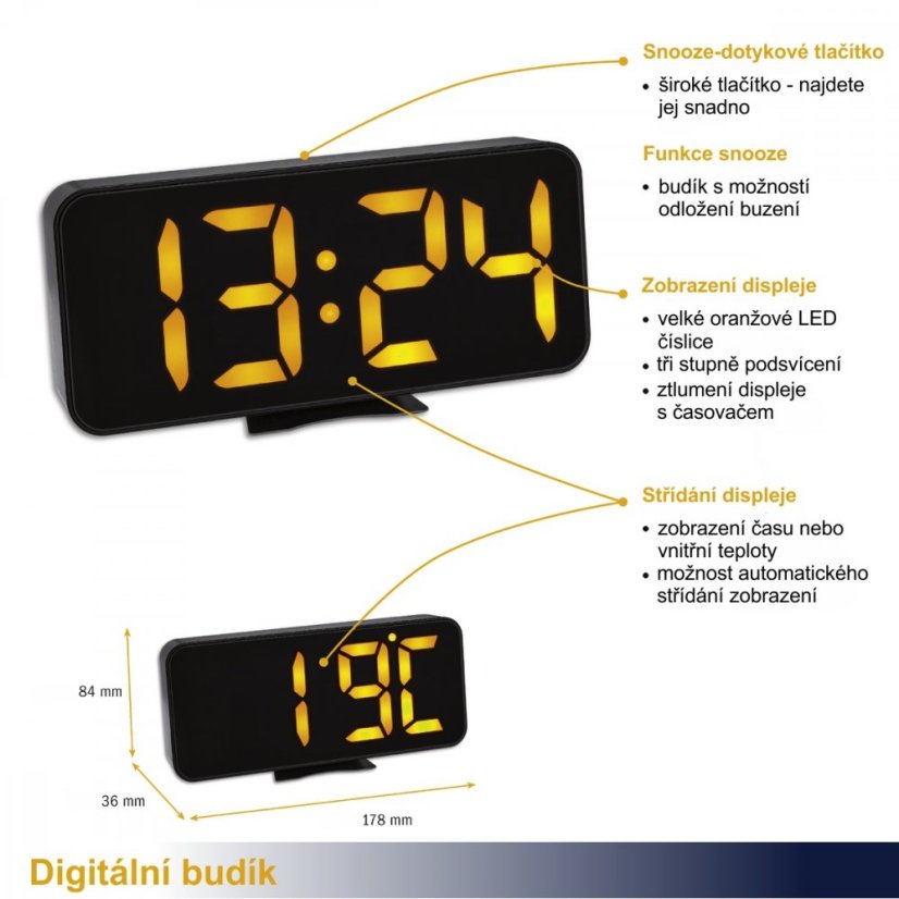 Digitální budík s teploměrem a velkými LED číslicemi TFA 60.2027.01