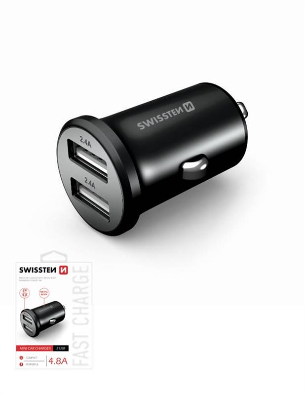 USB adaptér do zapalovače v autě SWISSTEN CL Metal černá 2xUSB 2,4A (4,8A)