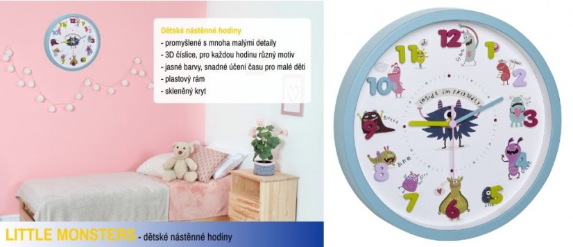 Dětské nástěnné hodiny s plynulým chodem 30,9cm TFA Little monsters