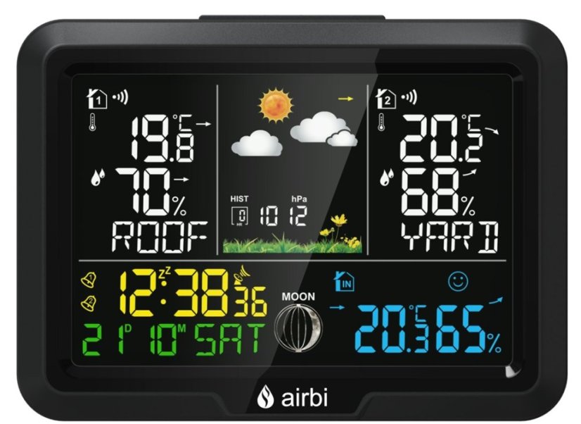 Domácí meteostanice se 2 bezdrátovými čidly a barevným displejem Airbi DUO Color