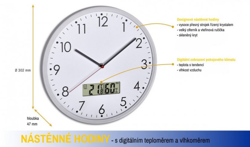 Nástěnné hodiny s digitálním teploměrem a vlhkoměrem TFA 60.3048.02